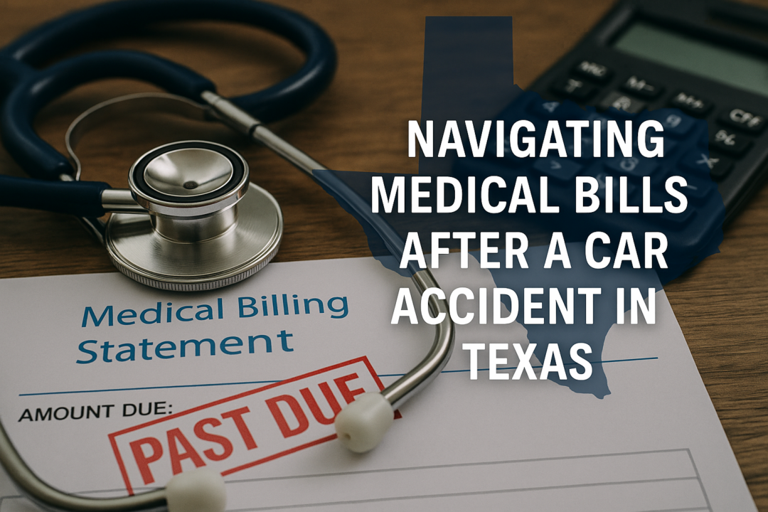 Close-up of a medical billing statement marked 'Past Due' with a stethoscope and calculator on a wooden desk, overlaid with a blue Texas state silhouette and the text 'Navigating Medical Bills After a Car Accident in Texas