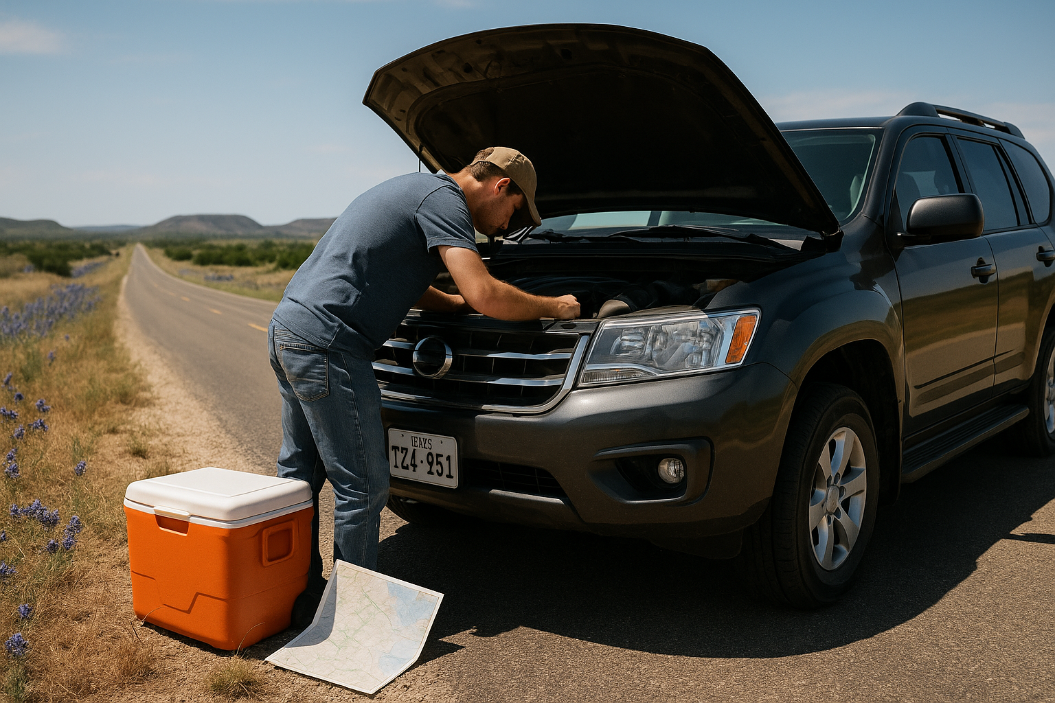 A man checks under the hood of his SUV on a remote Texas road, with a map and cooler beside him—illustrating the theme of "Preparing Your Vehicle for Safe Summer Travels in Texas.