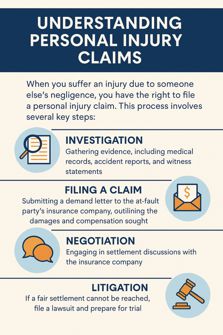 Infographic titled 'Understanding Personal Injury Claims' illustrating four steps in the claims process: Investigation, Filing a Claim, Negotiation, and Litigation, each represented with icons and brief descriptions in a blue and orange design