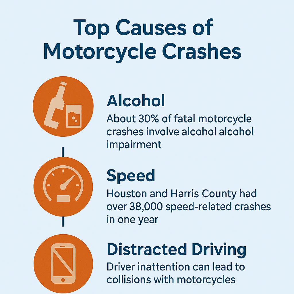Infographic titled 'Top Causes of Motorcycle Crashes' featuring three sections with orange icons: a bottle and glass for Alcohol, a speedometer for Speed, and a smartphone for Distracted Driving. It highlights that 30% of fatal motorcycle crashes involve alcohol, over 38,000 speed-related crashes occurred in Houston and Harris County in one year, and distracted driving contributes to collisions with motorcycles.
