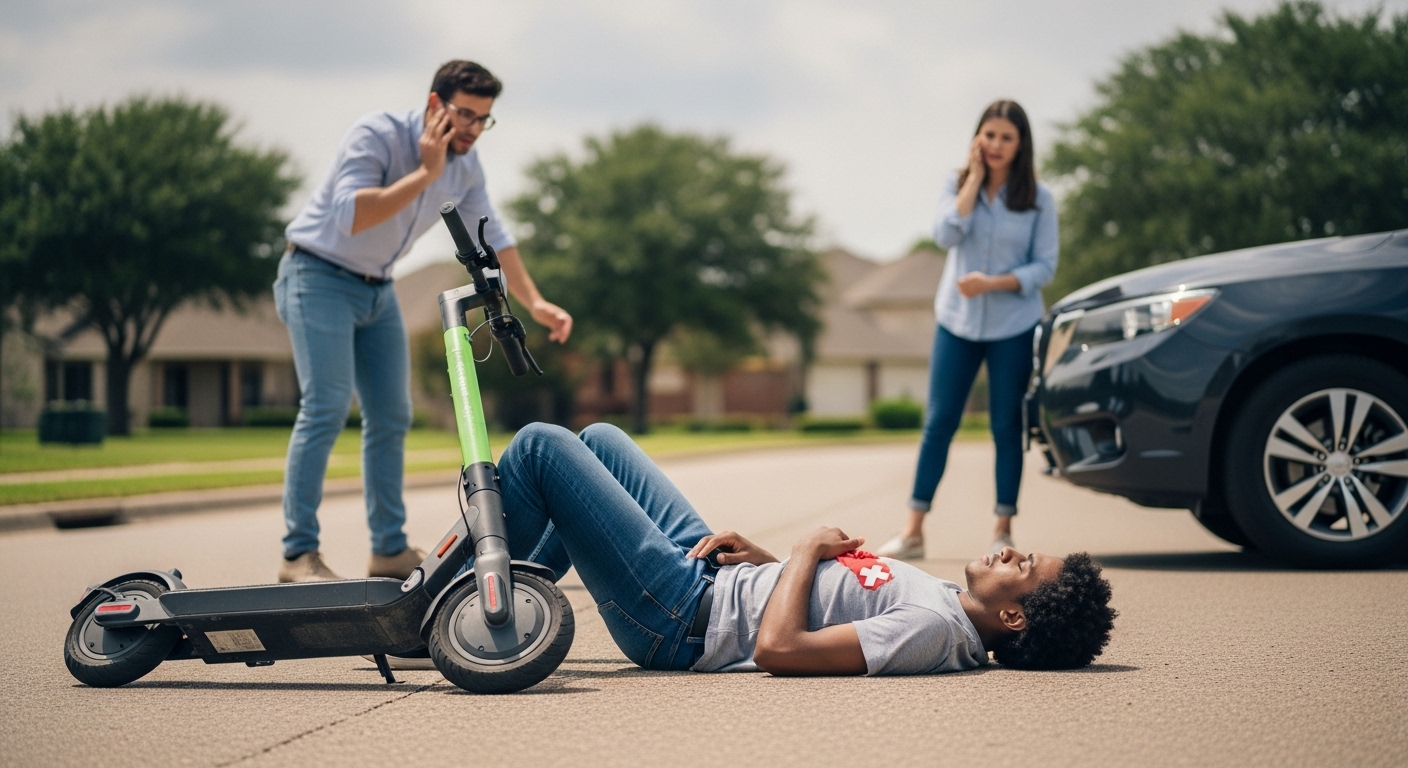 Injured rider next to an e-scooter after an accident in Missouri City, with bystander calling for help.